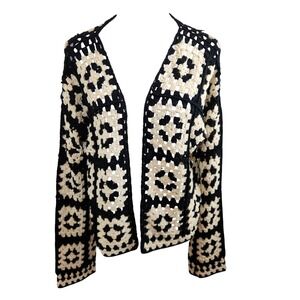 VICI Granny Square Crochet Cardigan Sweater Black Cream XL Boho Festival Top